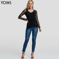 YOINS เสื้อเบลาส์คอวีแขนยาวกลวงออกลูกไม้ถักสำหรับสตรี