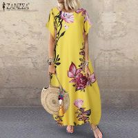 ZANZEA Women Short Sleeve Casual Printed Side Pockets Long Dress