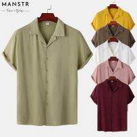 CODChuang Long Baju Lengan Pendek Kasual Lelaki Casual Korean Slim Fit Cuban Collar Short Sleeve Shirt Men Button Down Plain Basic Tops White Yellow Pink Wine Red Khaki Army Green