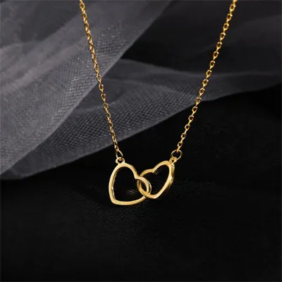 Japan INS Style Simple Birthday Metal Necklace Double Hearts Pendant Necklace Interlocking Hearts Necklace