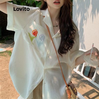 Lovito เสื้อเบลาส์ แขนสั้น คอปก แต่งตัวรีดติดเสื้อ สีพื้น สไตล์เพร็พพี่ สำหรับผู้หญิง LNE11152 (สีขาว)