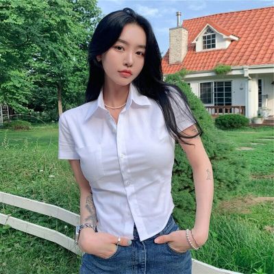 ‘；’ MEXZT White Basic Shirts Women Preppy Style Short Sleeve Slim Blouses Student Korean Office Lady  Crop Tops Work Wear