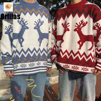 Orfilas Elk พิมพ์เสื้อกันหนาวคริสต์มาส, จัมเปอร์ผู้ชาย, เสื้อถักวินเทจหลวม ๆ เวอร์ชั่นเกาหลี Unisex เสื้อกันหนาวคริสต์มาส เสื้อกันหนาวฤดูใบไม้ร่วง/ฤดูหนาว เสื้อสเวตเตอร์การ์ตูน