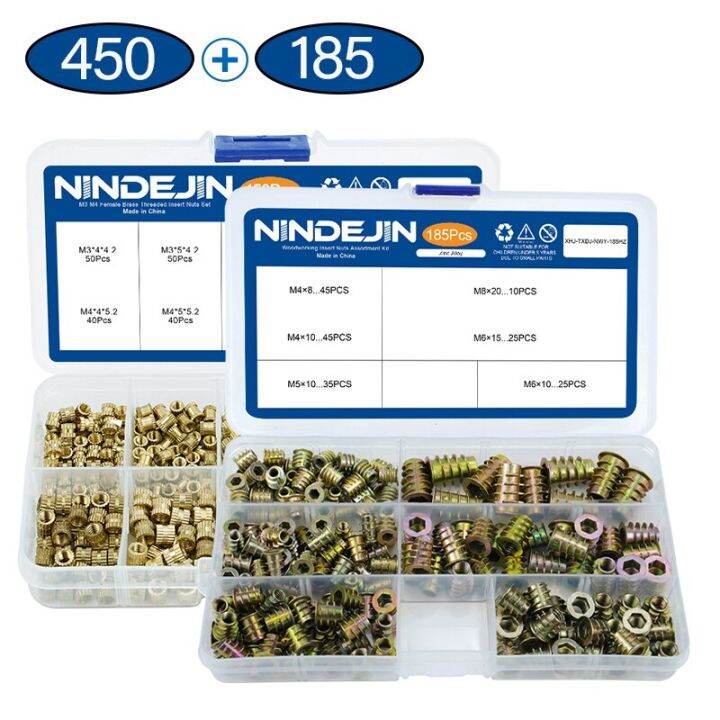 nindejin-185ชิ้นน็อตหัวหกเหลี่ยมชุดเหล็กคาร์บอนเกลียวแบบ-m4-m8-450ชิ้นชุดน๊อตเกลียวฝัง-m3-m4ทองเหลืองหญิง