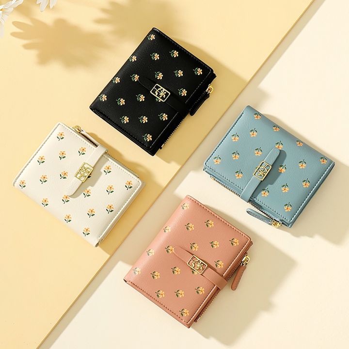 Cute Small Wallet For Girls Women PU Leather Two Folded Flowers Pocket With  Card Holder Slim Short Wallet 