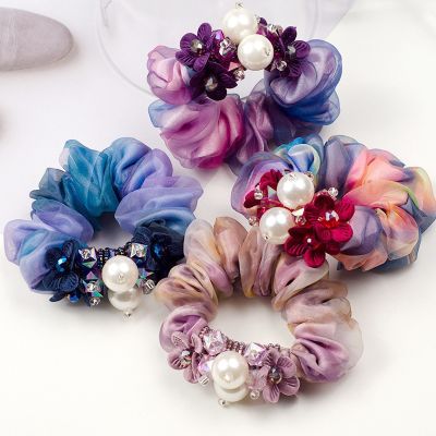 Elegant Korean Hair Rope Tide Fashion Silk Yarn Ball Head Flower Beaded Crystal Pearl Hair Ring