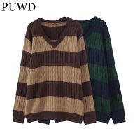 PUWD Vintage Women V Neck Stripe Loose Pullover Sweaters 2022 Spring Fashion Ladies Streetwear Knitted Y2K Girls Chic Knitwear