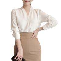 Ladies Spring Chiffon Blouse Long Sleeve Solid V-Neck Shirt