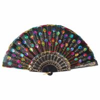 Peacock Feather Design Folding Fan Sequin Folding Fan Lolita Dance Hand Fan Happy Birthday Gifts Wedding Party Decoration