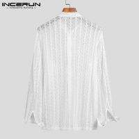 INCERUN Men Casual Lace Hollow Out See Through Long Sleeve Button Up White Shirts