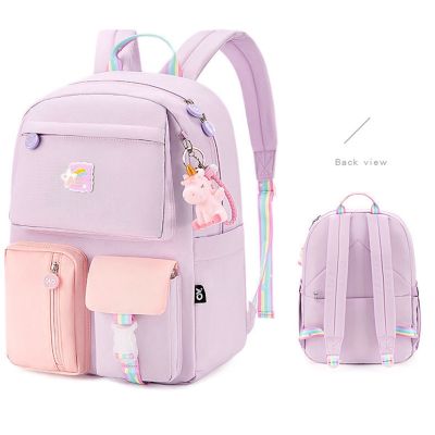 Student Backpacks Hit Color Middle School Girl Daypack Rucksack With Pendant