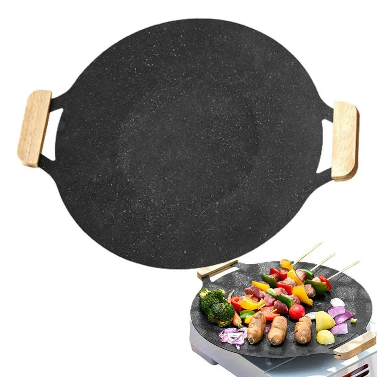 BBQ Griddle Pan Griddle Grill Pan with Wooden Handle Portable Stove Top  Griddle Nonstick Round Flat Grill Pan Indoor Stovetop BBQ Outdoor Camping  gifts Lazada PH