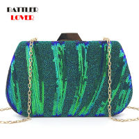 Women Luxury Moon Clutch Evening Bag Blue Green Sequin Handbag Wedding Purse for Female Diamond Design Crossbody Shoulder Flaps