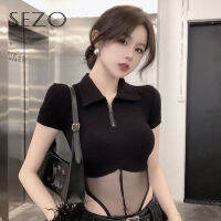 SEZO เสื้อยืดคอโปโลชิ้นเดียวผ้าตาข่ายเซ็กซี่แบบเกาหลีสำหรับผู้หญิง