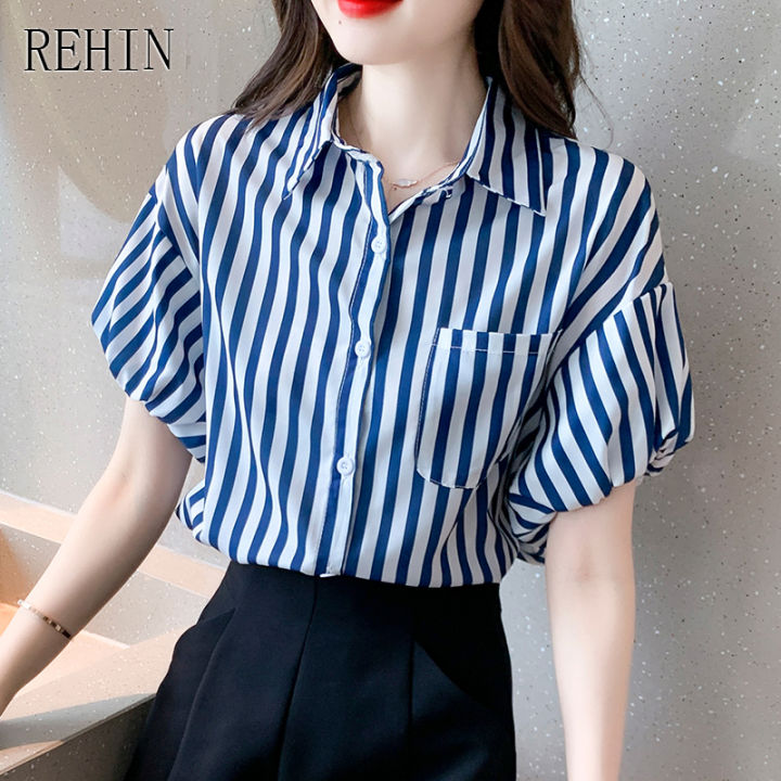 rehin-ผู้หญิงฤดูร้อนใหม่-retro-collision-แขนสั้นเสื้อแนวตั้งลาย-lapel-ใส่ทำงานเสื้อ