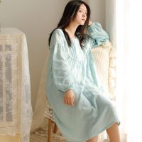 [COD] [Manqiu] Nightdress pajamas autumn new double-layer yarn long-sleeved knee-length nightdress soft dress wholesale