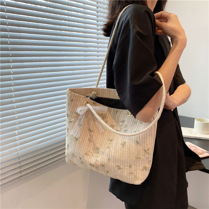 กระเป๋าถือประดับรูปโบว์ผู้หญิง-easybuy88สดชื่นกระเป๋าสะพายไหล่ฟางแบบทอหรูหราสำหรับออกเดทกับฟรีไซส์สีขาว