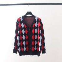 Womens Clothing Knitted Sweaters Diamond Plaid Single-breasted Buttons Loose Casual Knitted Cardigan Sweater