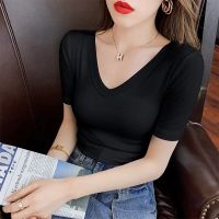 Hot Selling 2022 Summer Women Top Cotton T Shirt Tight-Fitting Solid Short Sleeve V Neck T-Shirt Soft Base Tees Female Casual All Match