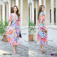 Chompoo Fashions ชุดเดรส เดรสยาวคอปกแขนพอง พิมลายเอวผุกโบว์ สีเขียว