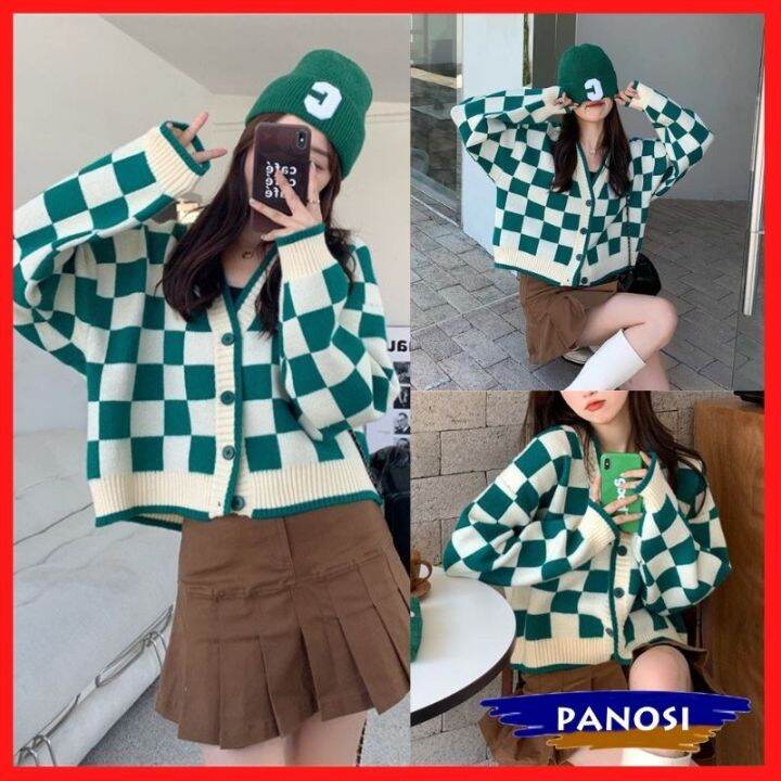 Hàng Quảng Châu] Áo Khoác Cardigan Len Sọc Caro Xanh Dáng Croptop Phong  Cách Trẻ Trung Cá Tính Panosi - A665 | Lazada.Vn