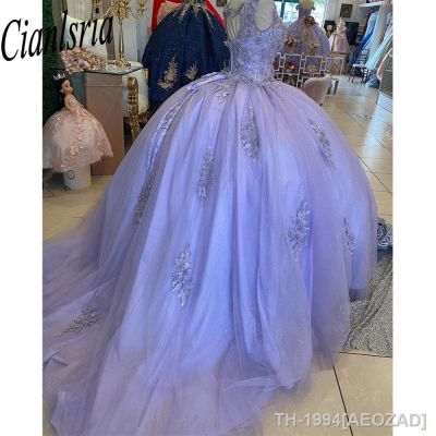 ✙ AEOZAD Apliques de renda vestido baile Vestidos Quinceanera Decote V Puffy 16 Dress Lilás 15 Anos