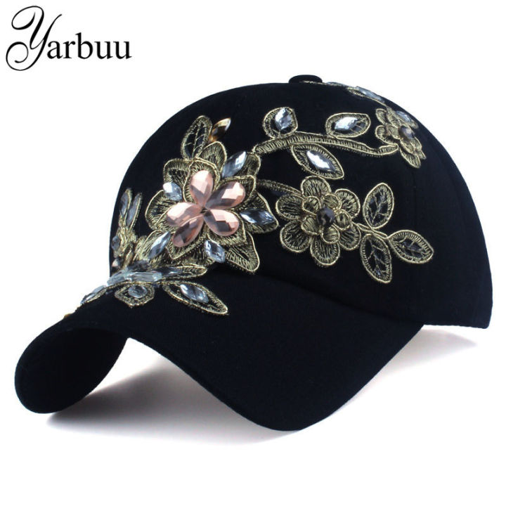yarbuu-ยี่ห้อหมวกเบสบอลด้วยดอกไม้ผ้าใบ-snapback-หมวกสำหรับผู้หญิงหญิงหมวกหมวกที่มีคุณภาพสูง-rhinestone-หมวกยีนส์