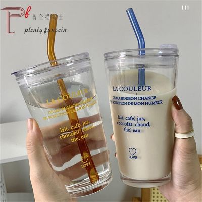 [ใหม่2023] 350Ml ภาษาฝรั่งเศสคำตัวอักษรภาษาอังกฤษแก้วแก้วแบบมีหลอดชานมถ้วยกาแฟพร้อมฝาครัวเรือนแก้วน้ำ