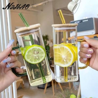 【jw】✓▧卍  Mug With Lids And Straws Colored Handle Layer Drinking Glass Cups Soda Iced 400ML