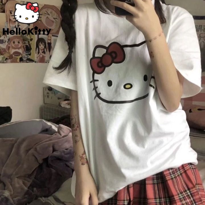 Sanrio Hello Kitty Clothes Cartoon Printed Casual T-shirt Y2k Top Women  Short Sleeve Loose Tees Korean Harajuku Cotton Tshirt