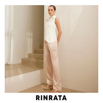 RINRATA - Ricky Pants กางเกงขายาว กางเกงคาร์โก้ ผ้าซาติน เอวยางยืด ตกแต่งกระเป๋า ช่วงขา ทรงตรง กางเกงทำงาน กางเกงใส่เที่ยว สีเขียว สีชมพู