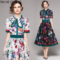 Women Dress Spot Real Shot-Fashion Elegant Short Sleeve Bow Cinched Pleated Printed Dress