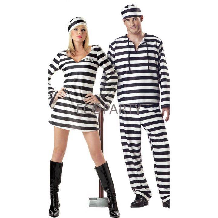 Classic Prisoner Costumes Men's Jail Suits Halloween Party Cosplay