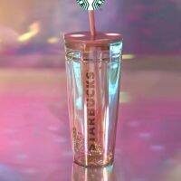 Starbuck ถ้วย2022ใหม่ผงสีเทาชุดสองชั้นเพชรสดใสแก้วฟางถ้วยไล่ระดับสีสีชมพูที่มีสีสันวันวาเลนไทน์