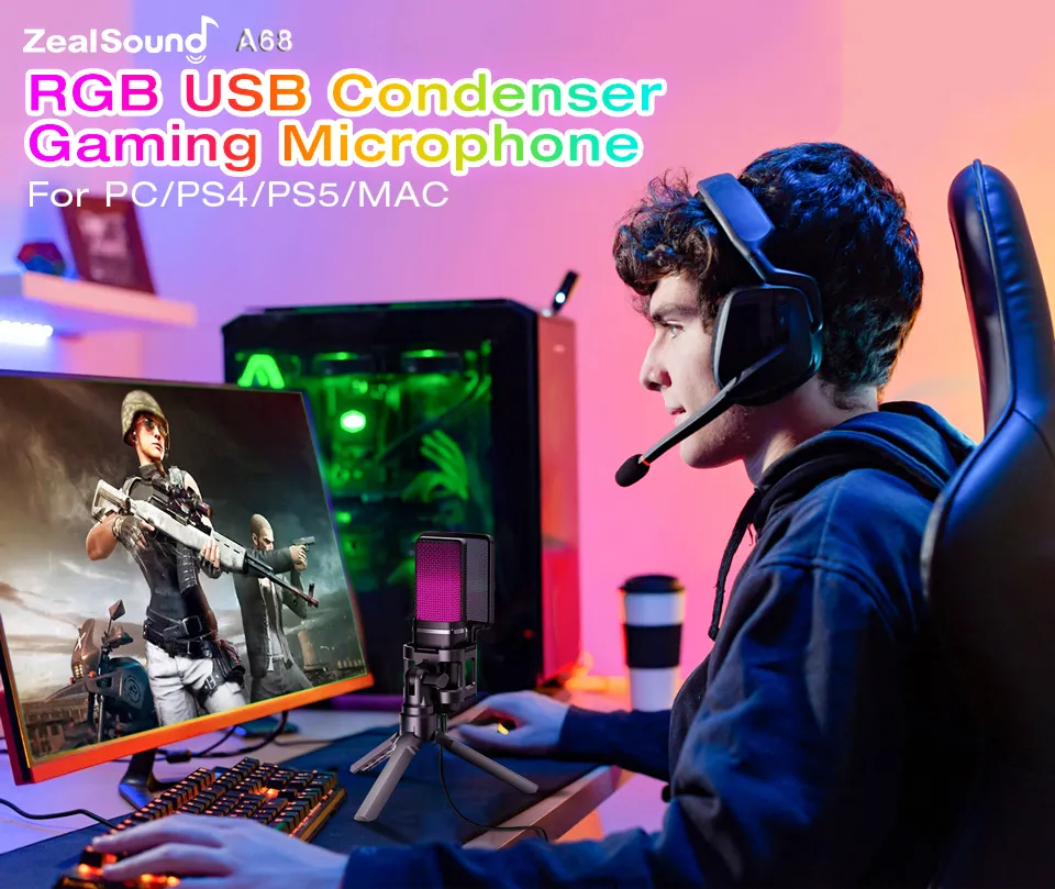 Zealsound RGB USB gaming condenser microphone for PC PS4 PS5 with