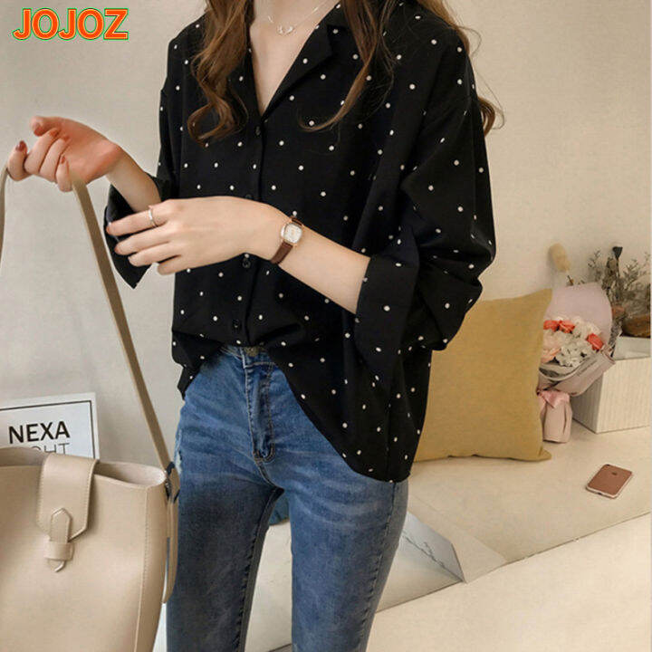 women-long-sleeves-lapel-t-shirt-casual-loose-polka-dot-tunic-tops-single-breasted-cardigan-chiffon-blouse