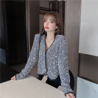 Autumn V Neck Grey Sequin Cardigan Short Jacket Pull Wild Long Sleeve Black Pearl Button Crop Tops Casual Streetwear Retro