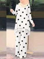 ZANZEA Fashion Polka Dot Printed Tracksuit 2pcs Autumn Muslim Sets Women Long Sleeve Blouse Pants Sets Islamic Clothing Outifits