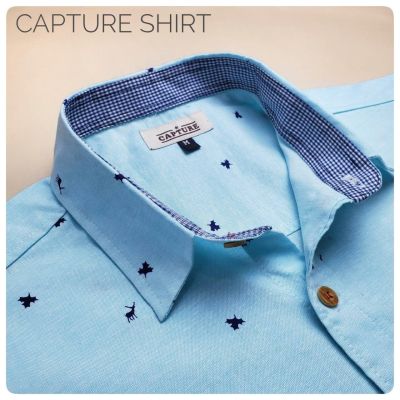 Capture Shirt เสื้อเชิ้ตผู้ชาย เชิ้ตแขนสั้น คอปก ลายกวางใบเฟิร์น สีมิ้นท์ มีถึงอก 48 นิ้ว