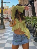 Ruffles Trim Hem Green Chiffon See Through Blouse Deep V-Neck Lace Up Long Sleeve Tops Y2K Fashion Transparent Short Shirt