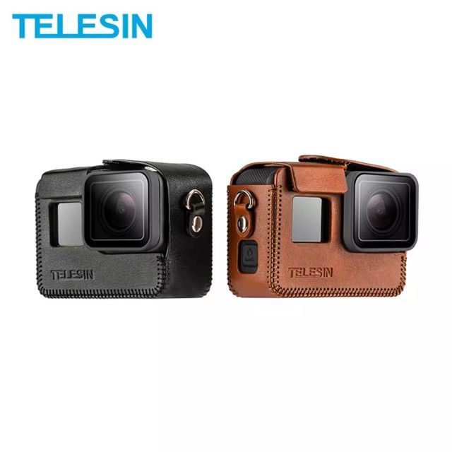 telesin-gopro-hero-8-pu-leather-case-mini-protector-black-brown-with-long-strap-accessories