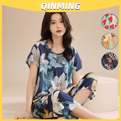 Qin1ชุดนอนผ้าไหมผู้หญิง,ชุดนอนผ้าไหมฝ้ายหลวมสบายพิมพ์ลายบางคอกลมฤดูร้อน