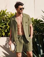 Summer Cotton Linen Shirt Set Mens Casual Outdoor 2-Piece Suit Andhome Clothes Pajamas Comfy Breathable Beach Short Sleeve Sets