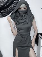 ☏ Wannathis Waste Earth Style Hooded Sleeveless Dress Womens Double Split Skirt Hollow-out Slimming Gothic Style Skirt