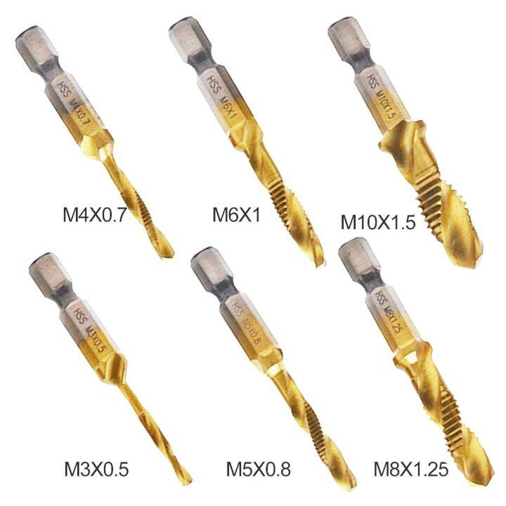 worth-buy-6pcs-twist-set-mata-bor-1-4-hex-shank-m3-m4-m5-m6-m8-m10-hss-เคลือบไทเทเนียมเจาะบิตสกรูเกลียวเครื่องมือสำหรับโลหะอ่อน