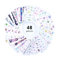 48pcs Watercolor Floral Flower Sticker Nail Decal Set Flamingo Letter Design Gel Manicure Decor Water Slider Foil