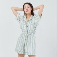 (ปรับไซส์ M)SliptoSleep - Matcha Stripes Shorts set ชุดนอนโนบรา