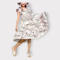 P015-114 PIMNADACLOSET -  Ruffle Sleeveless Square Crepe Satin Print Wide Brim Sun Hats A Line Midi Dress