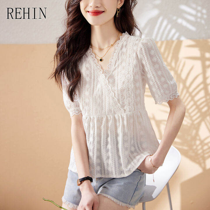 rehin-เสื้อเชิ้ตแขนสั้นคอวีของผู้หญิง-เสื้อเบลาส์ลูกไม้หรูหราเวอร์ชันเกาหลีสีพื้นใหม่ฤดูร้อน