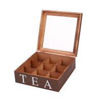 Wooden 9 Grids Tea Box Tea Bags Container Storage Box Square Gift Box Case Transparent Top Lid Jewelry Storage Box